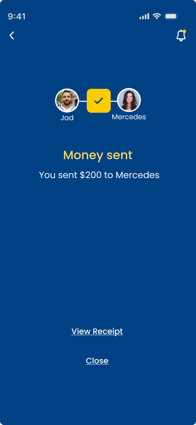 Money sent confirmation screen